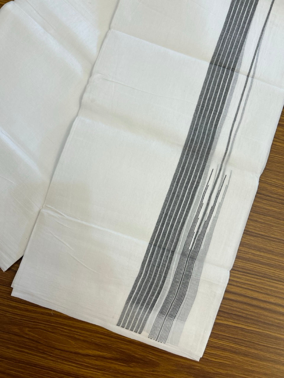 24% Discount! KaithariKada Balaramapuram 100% Cotton Pure white Double Mundu/Dhoti - (100x80)s - 1.5 inch Puliyilakkara Ash Black Stripes Chutty - 105 KK5258 THI
