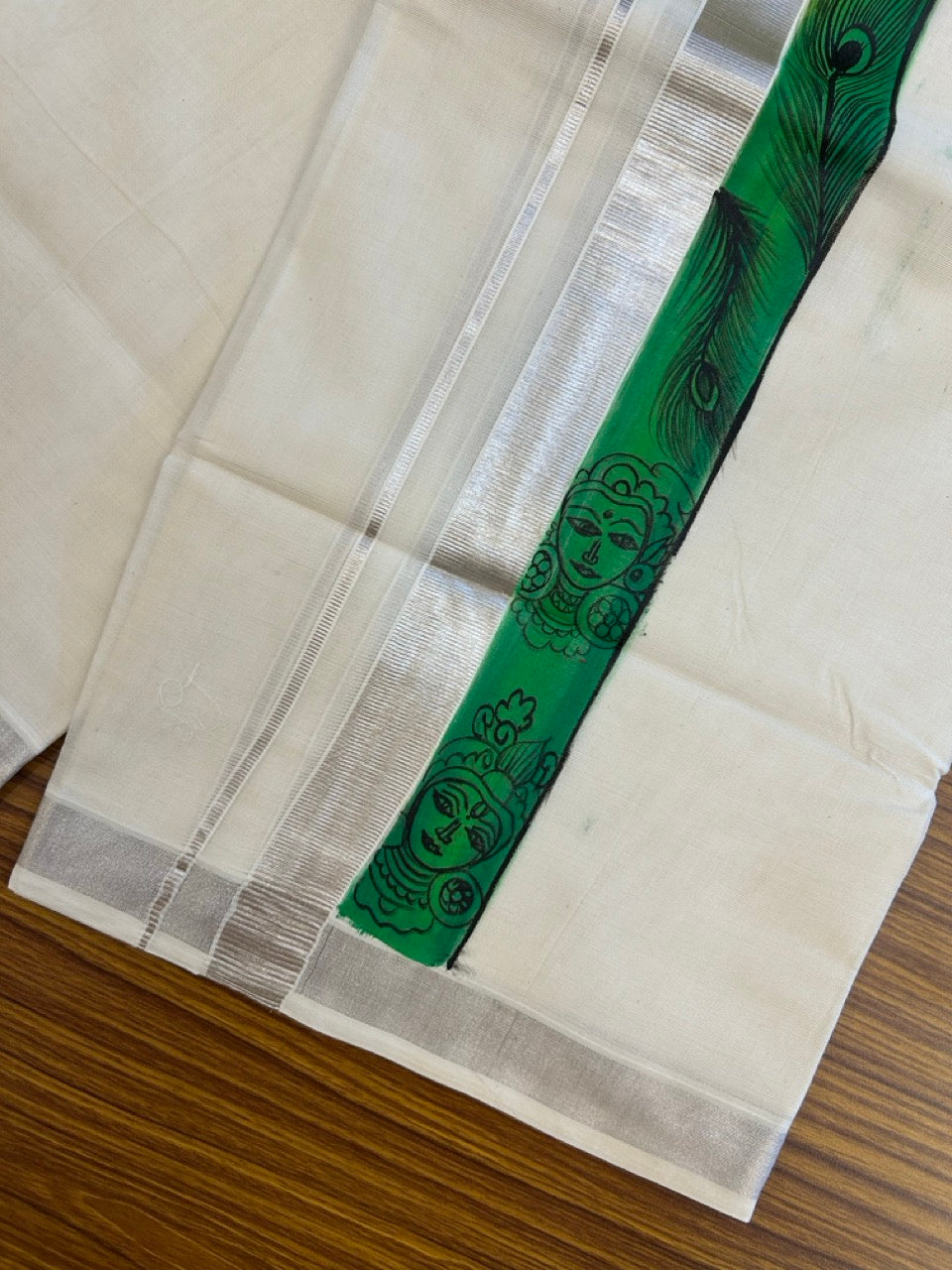 24% Discount! Hand Painted - KaithariKada 100% Cotton Double Off white - (Ubleached) Mundu / Dhoti - 100x80 1 inch Silver Kasavu & Hand Painted Krishna Radha Peacock - 5 KK5259 CKS
