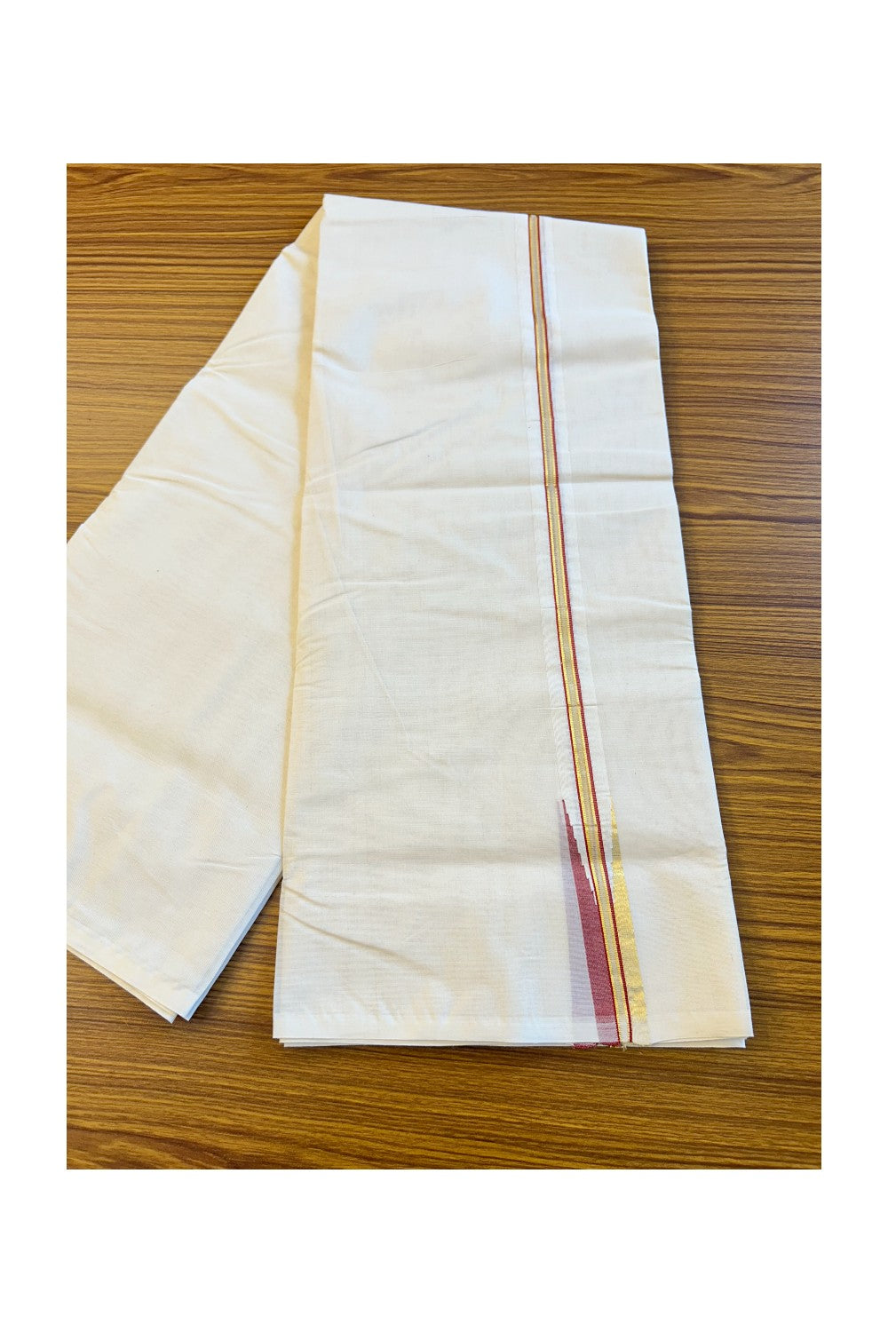 21% DISCOUNT! KaithariKada Balaramapuram 100% Cotton Double Off white (Unbleached) Mundu/Dhoti-100x100 Kasavu & Red Chutty Puliyilakkara - 5KK72RAM