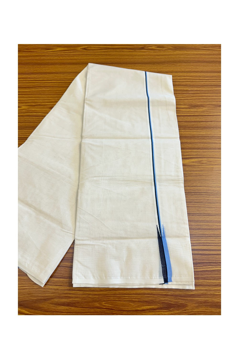 29% DISCOUNT! KaithariKada Balaramapuram 100% Cotton Double Off white - (Unbleached) Mundu/Dhoti-100x100 Puliyilakkara BLACK & BLUE Chutty - 5KK97ASH