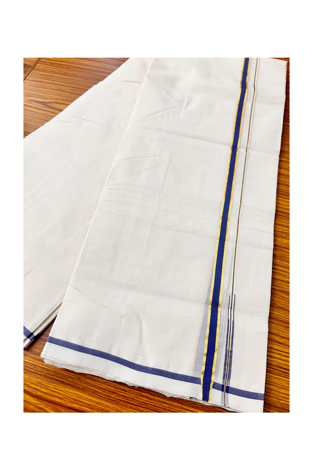 25% DISCOUNT! KaithariKada BALARAMAPURAM HANDLOOM Millpaav- 100% PURE Cotton 100x100 Double Mundu/Dhoti OFF WHITE (Unbleached) - PULIYILAKKARA Navy Blue & Kasavu 0.5 inch KARA-5RAM