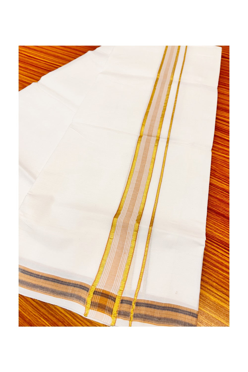30% OFFER! KaithariKada 100% Cotton Balaramapuram HANDLOOM Single PURE WHITE Mundu/Dhoti - 2inch (2 meter / 4 muzham) Light Brown Kasavu Kara & Stripes - 5KAI.