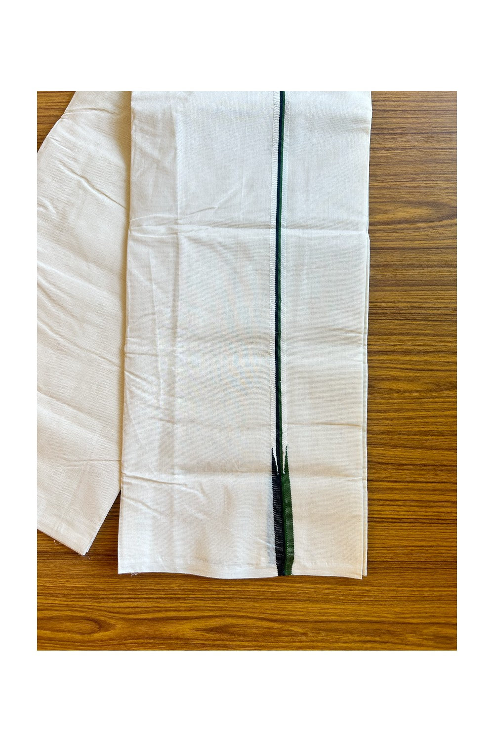 29% Discount! KaithariKada Balaramapuram 100% Cotton Off white (Unbleached) Double Mundu/Dhoti-100x100 Puliyilakkara Green & Black Chutty - 5KK429ASH