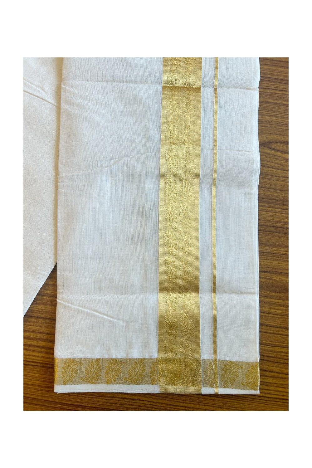 30% DISCOUNT!! KaithariKada HANDLOOM UNAKKUPAAV Balaramapuram - 100% PURE Cotton OFF White (Unbleached) Double Mundu/Dothi - 2.75 Inch Kasavu Leaf designer Kara - 5KK456KK
