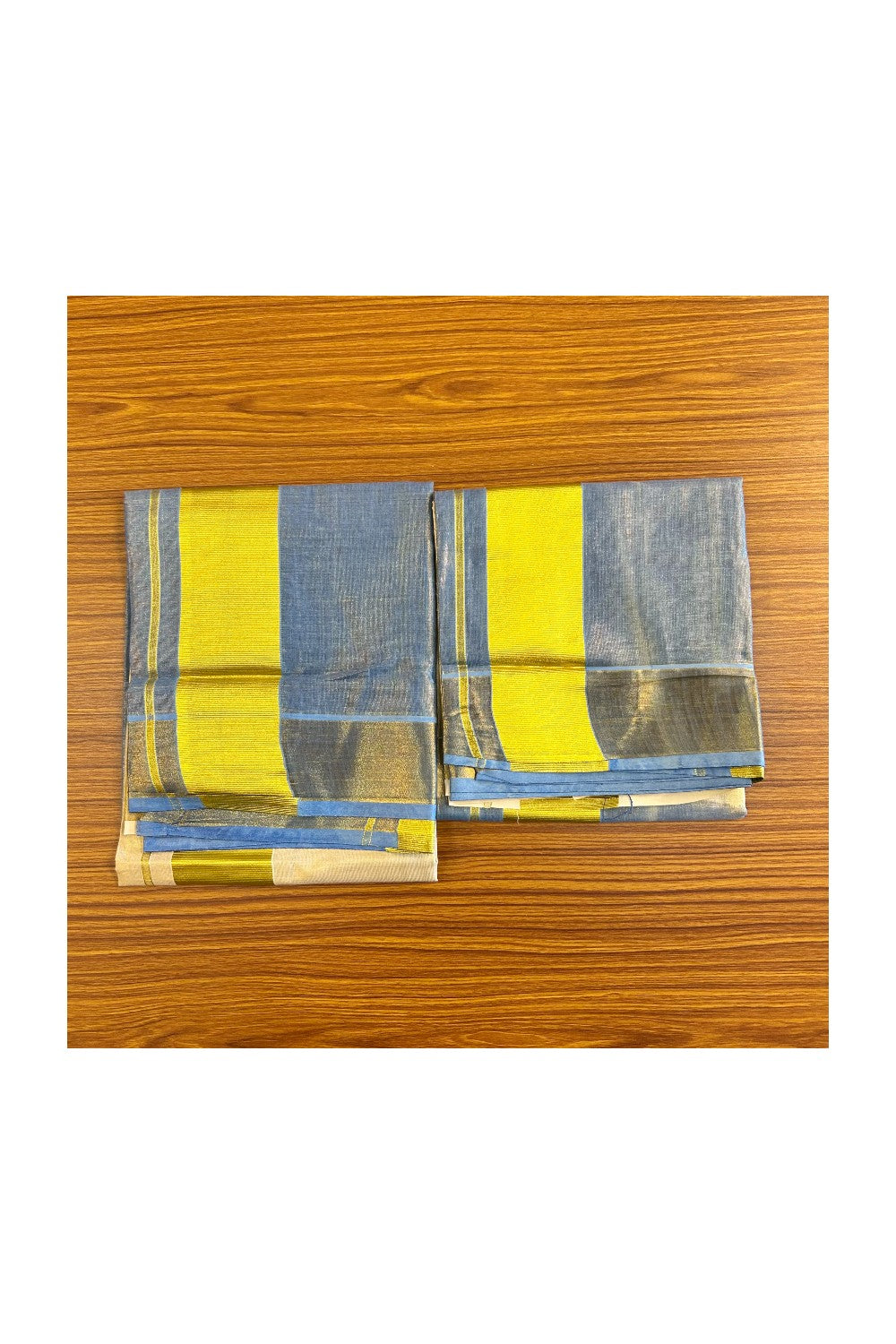 36% Discount!! KaithariKada - Kerala Tissue Single Set Mundu - Tie & Dye Half Blue Colour Design - Kasavu Big Kara - 5KK491MUR