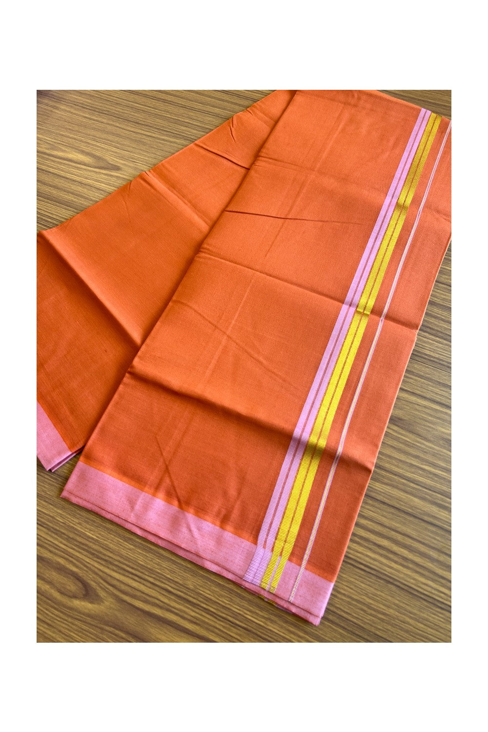 Kaitharikada Soft Cotton - Kaily / Lungi - 1.75 inch Light Pink & kasavu striped kara with KAAVI colour body - 5KK492RAM