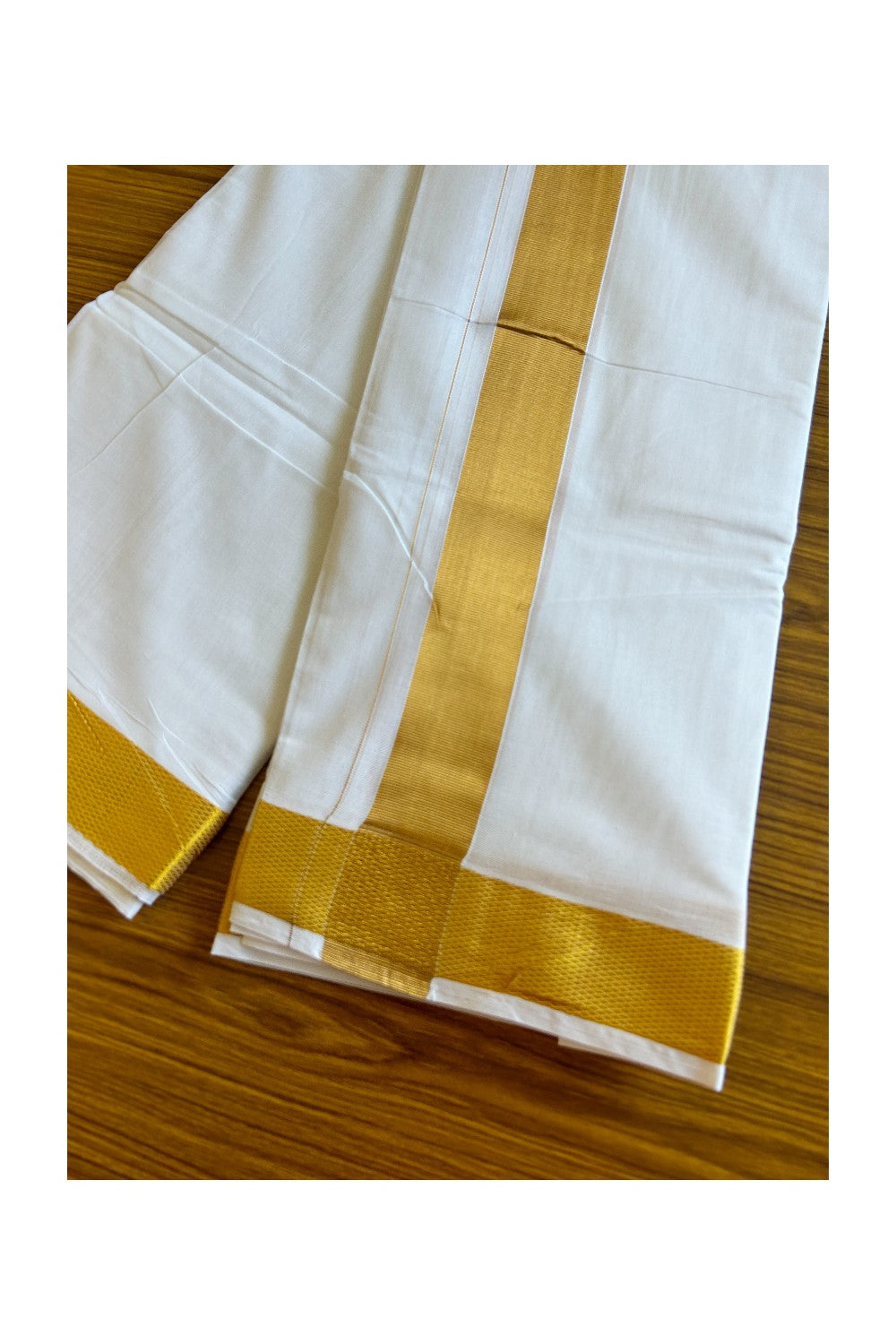 Panchakacham Dhoti -15% Discount! KaithariKada Cotton Mix - Pure White - 80x80 thread- 80% Cotton & 20% Polyester- North Indian Attached Gamcha 9X5 Dhoti- Gold Kasav 2.5 inch & Border - 5KK5008PMC