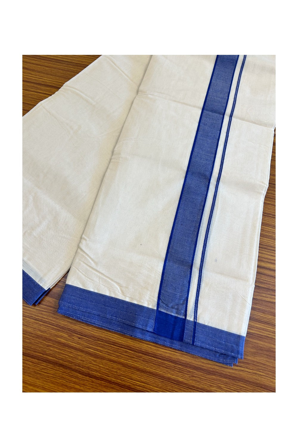 10% Discount KaithariKada Balaramapuram 100% Cotton Double Off white - (Unbleached) Mundu/Dhoti-100x80 - 2 inch Deep Blue Kara 3.70 mtr (8 Muzham) - 5KK500KK