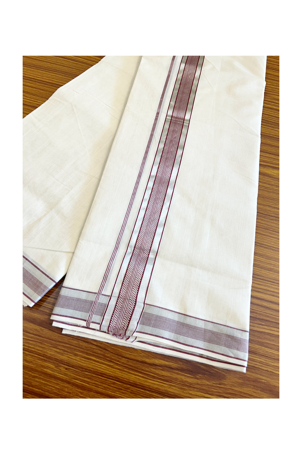 25% DISCOUNT!! KaithariKada HANDLOOM Millpaav Balaramapuram - 100% PURE Cotton OFF White - (Unbleached) Double Mundu/Dothi - 2.5 inch MAROON & Silver stripes kara - 5KK503RAM