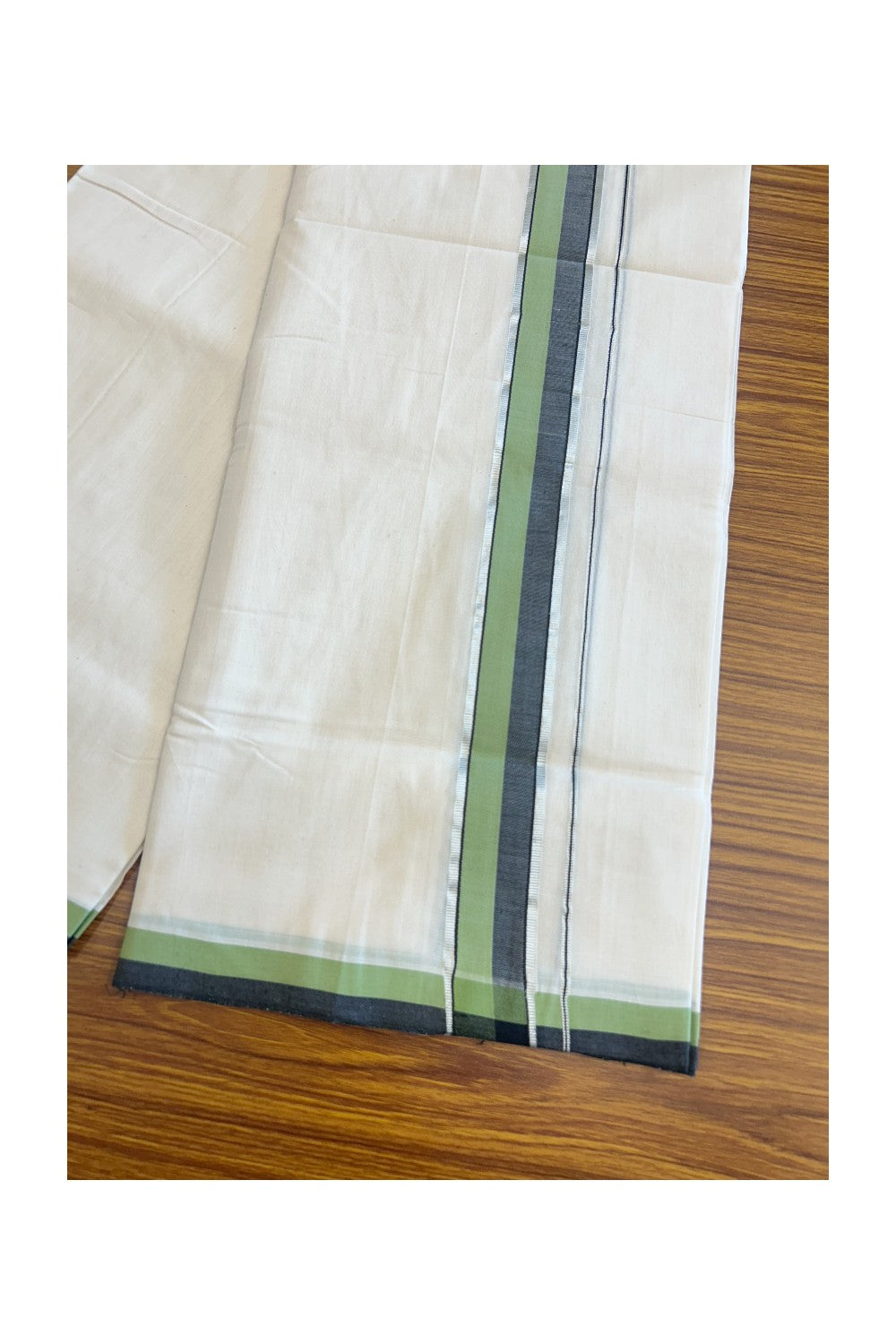 25% Discount KaithariKada HANDLOOM Unakkupaav Balaramapuram - 100% PURE Cotton off white (Unbleached) Double Mundu/Dhoti - 2.inch Silver Kasavu Green & Black-155