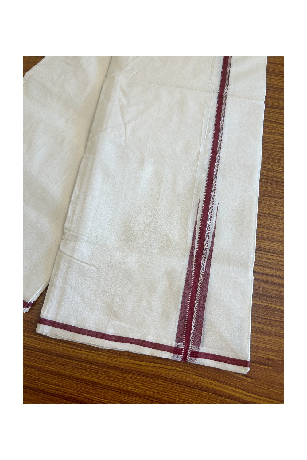 30% DISCOUNT!! KaithariKada HANDLOOM Unakkupaavu Balaramapuram - 100% PURE Cotton OFF White - (Unbleached) Double Mundu/Dothi - Silver Kasavu & Maroon puliyilakkara chutty- 5KK506RAM
