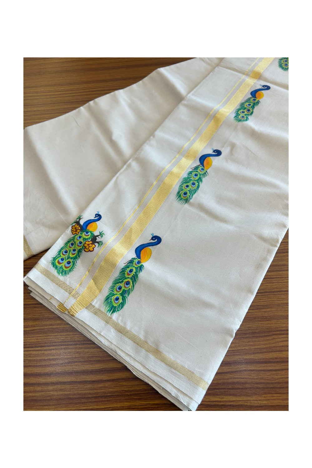 25% Discount!! KaithariKada HANDLOOM Millpaav Balaramapuram - 100% PURE Cotton OFF White - (Unbleached) Double Mundu/Dothi - 1 Inch Kasavu kara Hand Painted Peacock Design - 5KK5091RAM