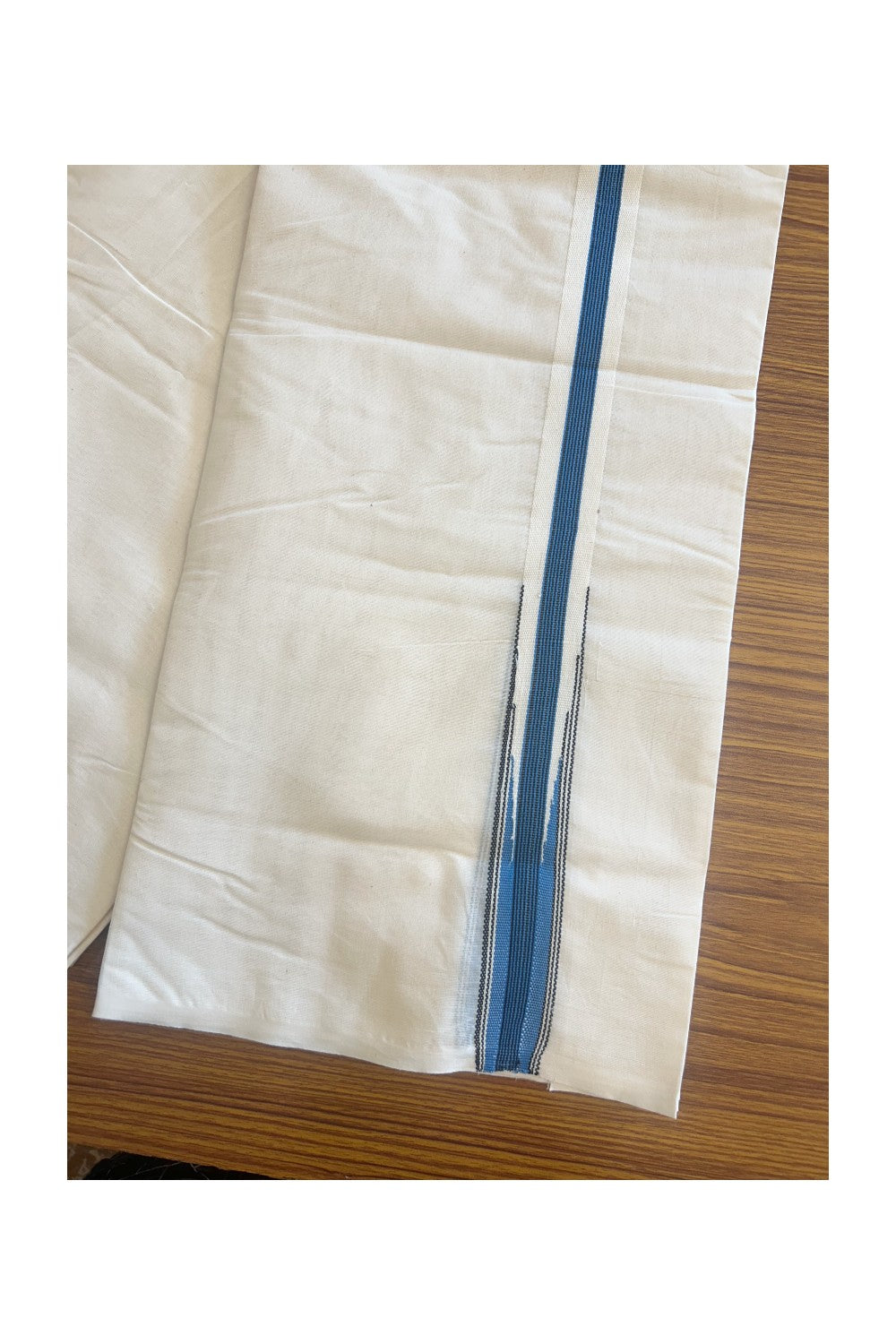 SHORT DHOTI SPECIAL! Kaitharikada.com - 27% Discount! Balaramapuram Double Off white - (Unbleached) Mundu/Dhoti - 100X100 - 1.25 inch Kara & 46 inches Height Puliyilakkara Blue & Black Striped Chutty Kara - 5KK5104ASH