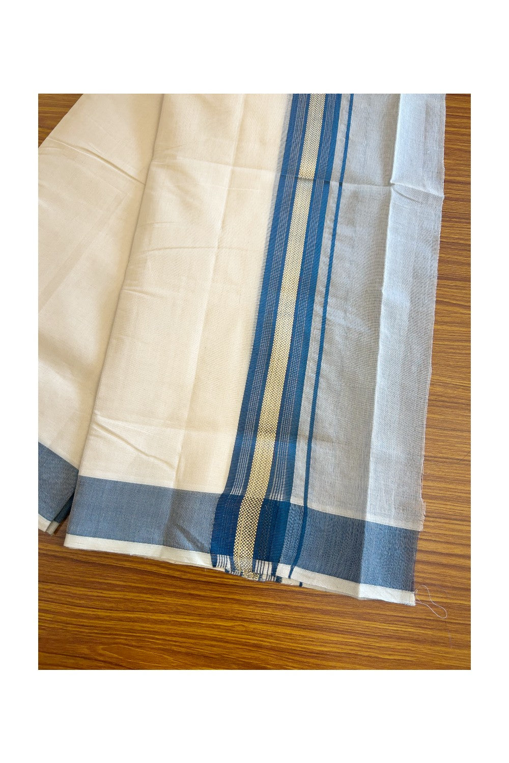 30% DISCOUNT! KaithariKada HANDLOOM Millpaav Balaramapuram - 100% PURE Cotton Off White (Unbleached) - Double Mundu/Dhoti - 7 inch Gold Kasavu & Blue Half Tissue Kara- 5KK5105RAM