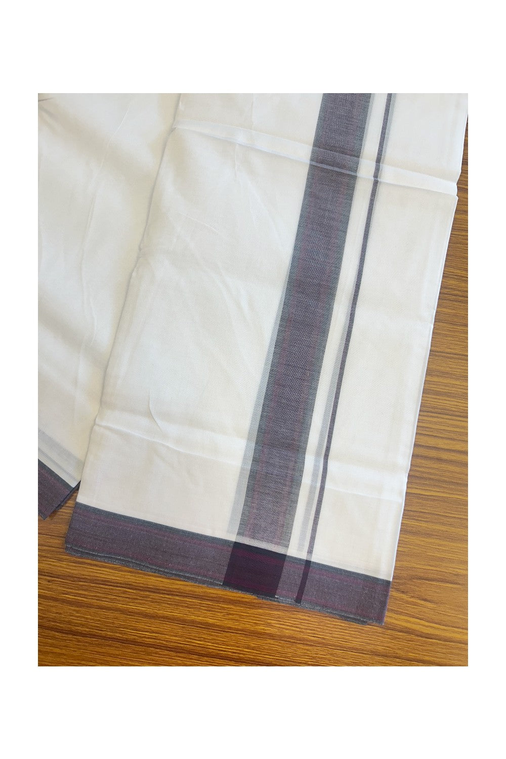 20% DISCOUNT! KaithariKada Balaramapuram 100% Cotton PURE WHITE Double Mundu/Dhoti-100x80 2.25 inch PURPLE & BLACK shaded kara - 5KK5116MR