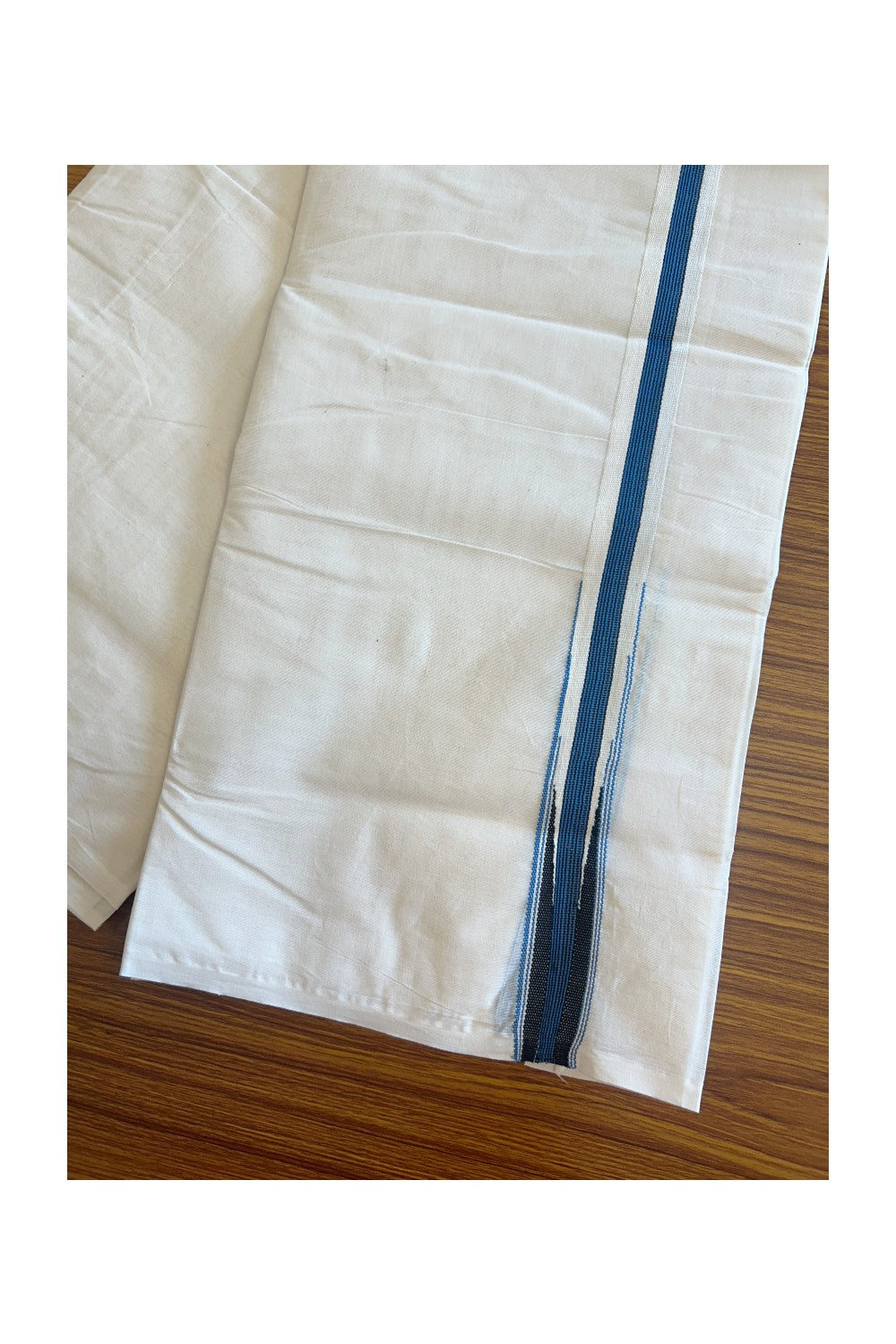 SHORT DHOTI SPECIAL! Kaitharikada.com - 19% Discount! Balaramapuram Double Off white - (Unbleached) Mundu/Dhoti - 100X100 - 1.25 inch Kara & 45 inches Height Puliyilakkara Blue & Black Striped Chutty Kara - 5KK5117ASH
