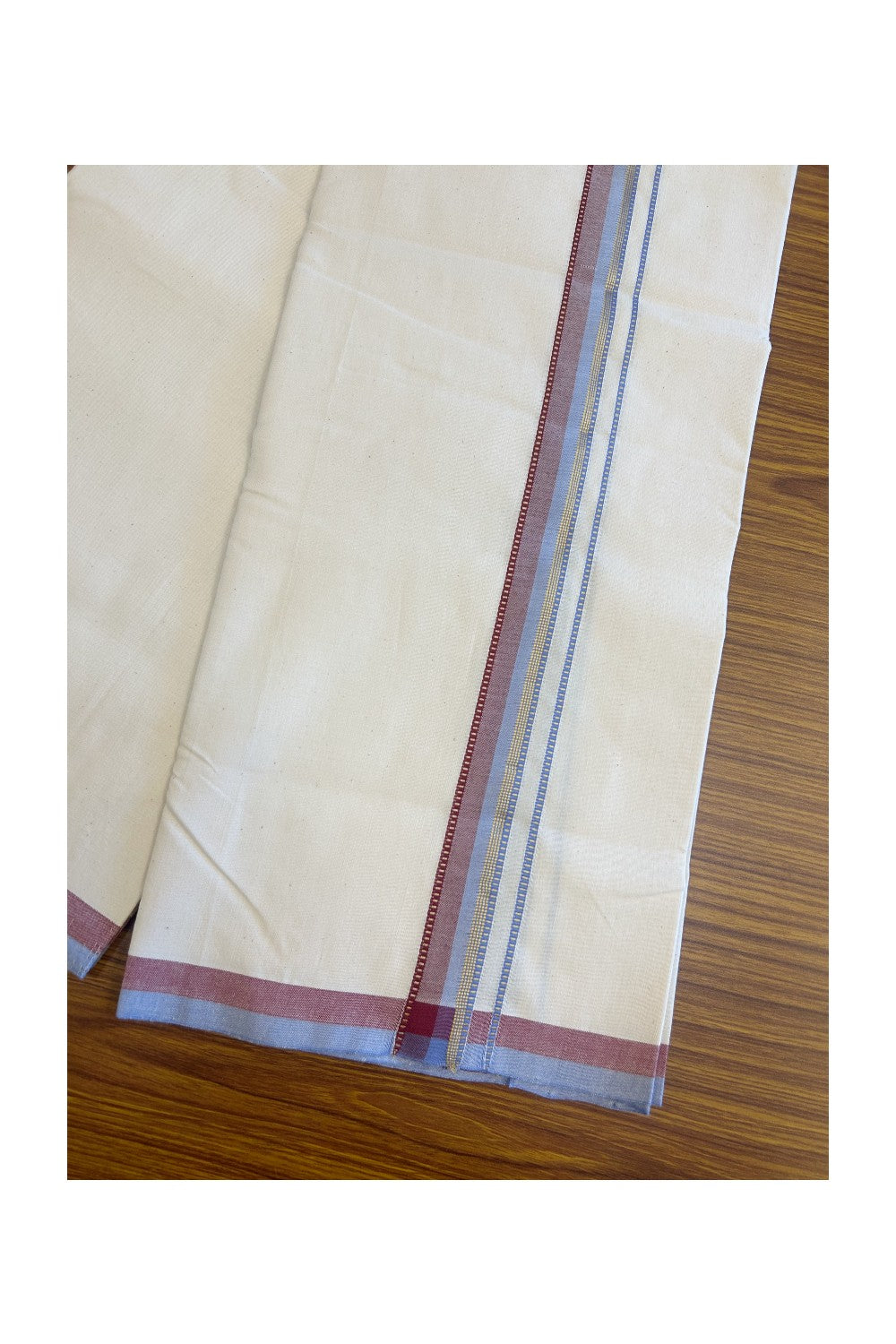 SIGNATURE KAITHARIKADA EXCLUSIVE SINGLE DHOTI - 30% Discount!! 100% Cotton Balaramapuram HANDLOOM Single Mundu/Dhoti - Off White - (Unbleached) 1 inch Lavender Blue & Maroon Kasavu striped Muthukuri kara (2 meters /4 muzham) - 4KK5131KAI