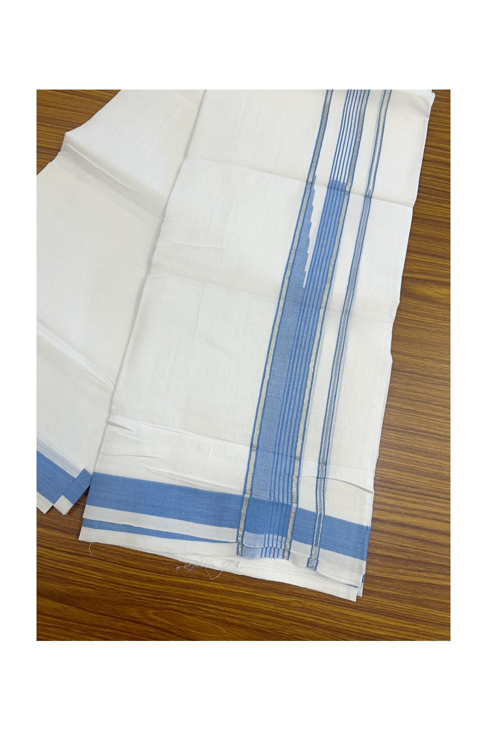 25% DISCOUNT! KaithariKada Balaramapuram 100% Mercerised Cotton Double ULTRA PURE white Mundu/Dhoti - 120x120 - 1.75 inch Heavy Chutty Silver Kasavu & Light Blue Shaded Kara - 5KK5139THI