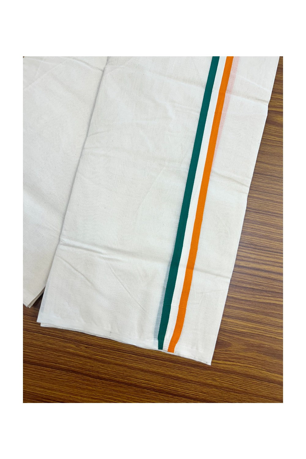 CONGRESS VESHTI - 41% DISCOUNT! KaithariKada 100% Cotton off white Double - (Unbleached) Mundu/Dhoti - 100X80 - 1 inch Orange White & Green Kara - 5KK5145ASH