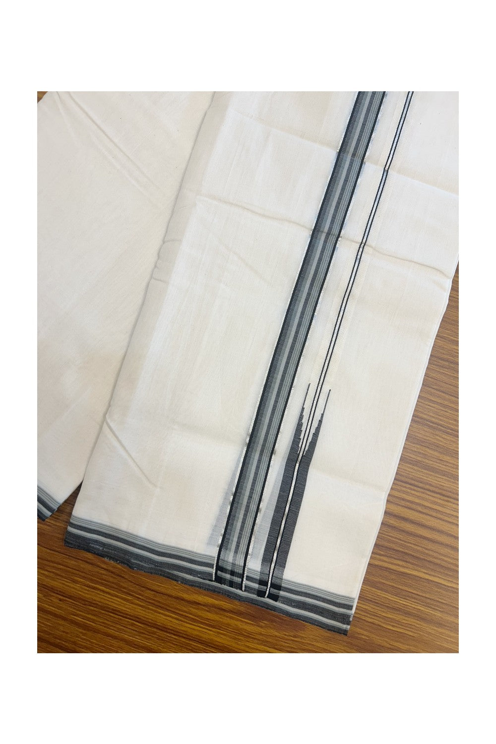 25% DISCOUNT!! KaithariKada HANDLOOM UNAKKUPAAV Balaramapuram - 100% PURE Cotton OFF White - (Unbleached) Double Mundu/Dothi -80X100 - 1 inch Silver kasavu Puliyilakkara Black & Sage grey stripes chutty 3.80 meter (8.5 Muzham) - 6KK5167REA