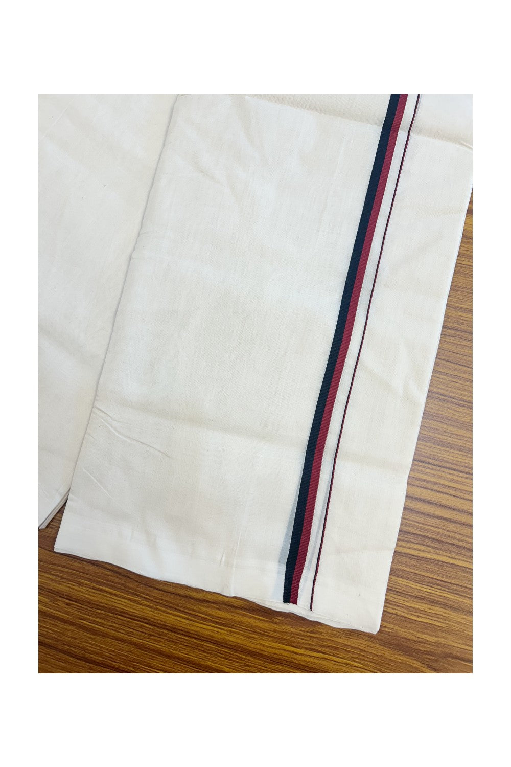 DMK Veshti - 25% Discount!!! KaithariKada HANDLOOM UNAKKUPAAV Balaramapuram - 100% PURE Cotton off white (Unbleached) Double Mundu/Dhoti - 0.5 inch Light Maroon & Black kara DMK - 14KK5170RAM