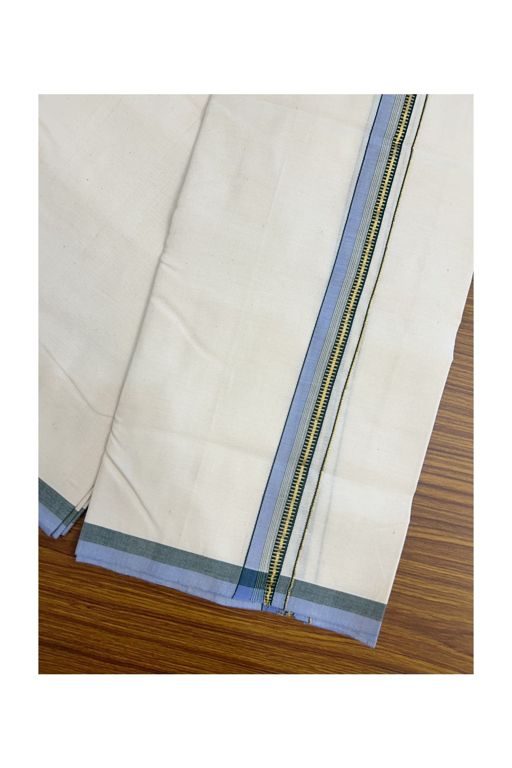 30%DISCOUNT!! SIGNATURE KAITHARIKADA EXCLUSIVE SINGLE DHOTI - 100% Cotton Balaramapuram HANDLOOM Single Mundu/Dhoti - Off White - (Unbleached) 1 inch Green Lavender & Gold Kasavu Striped Kara (2 meter / 4 muzham)- 5KK5173KAI