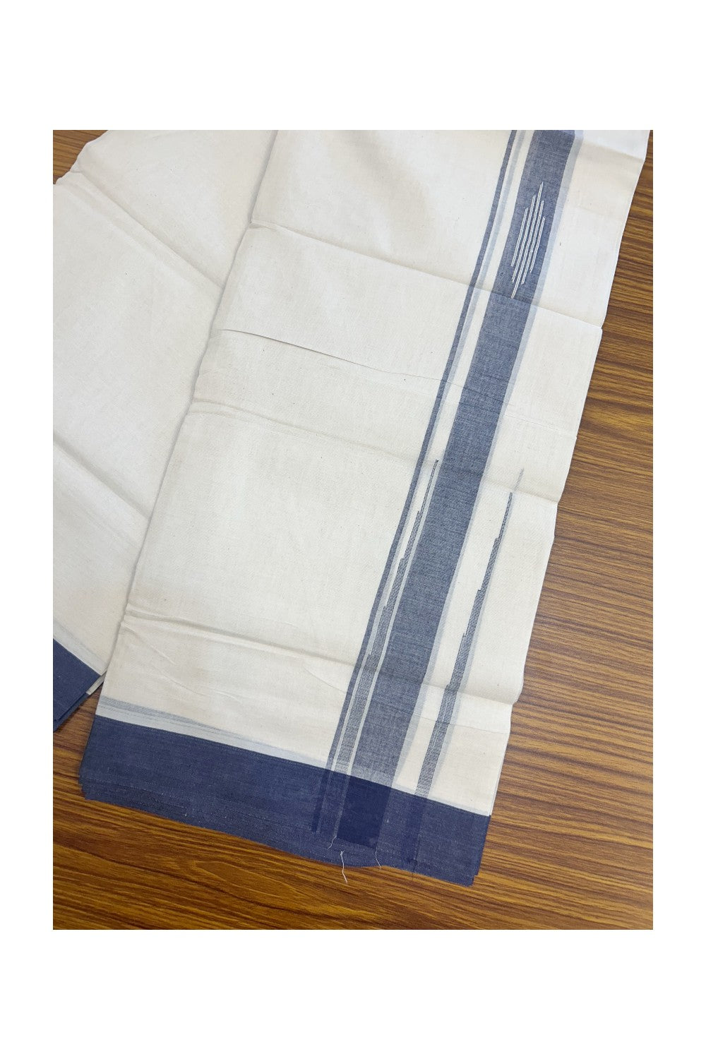 25% DISCOUNT! KaithariKada Balaramapuram Double OFF WHITE 100% Cotton Mundu/Dhoti - 100x80 - 2 inch Putta Design Navy Blue chutty kara - 5KK5174THI