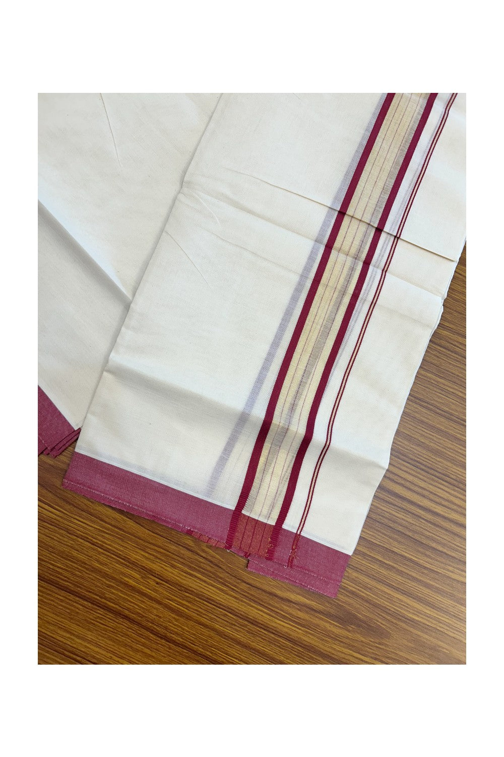 20% DISCOUNT! KaithariKada Balaramapuram Double OFF WHITE Mundu/Dhoti - 80x90 - 1.75 Inch Tissue Maroon striped Kara - 5KK5182VAS