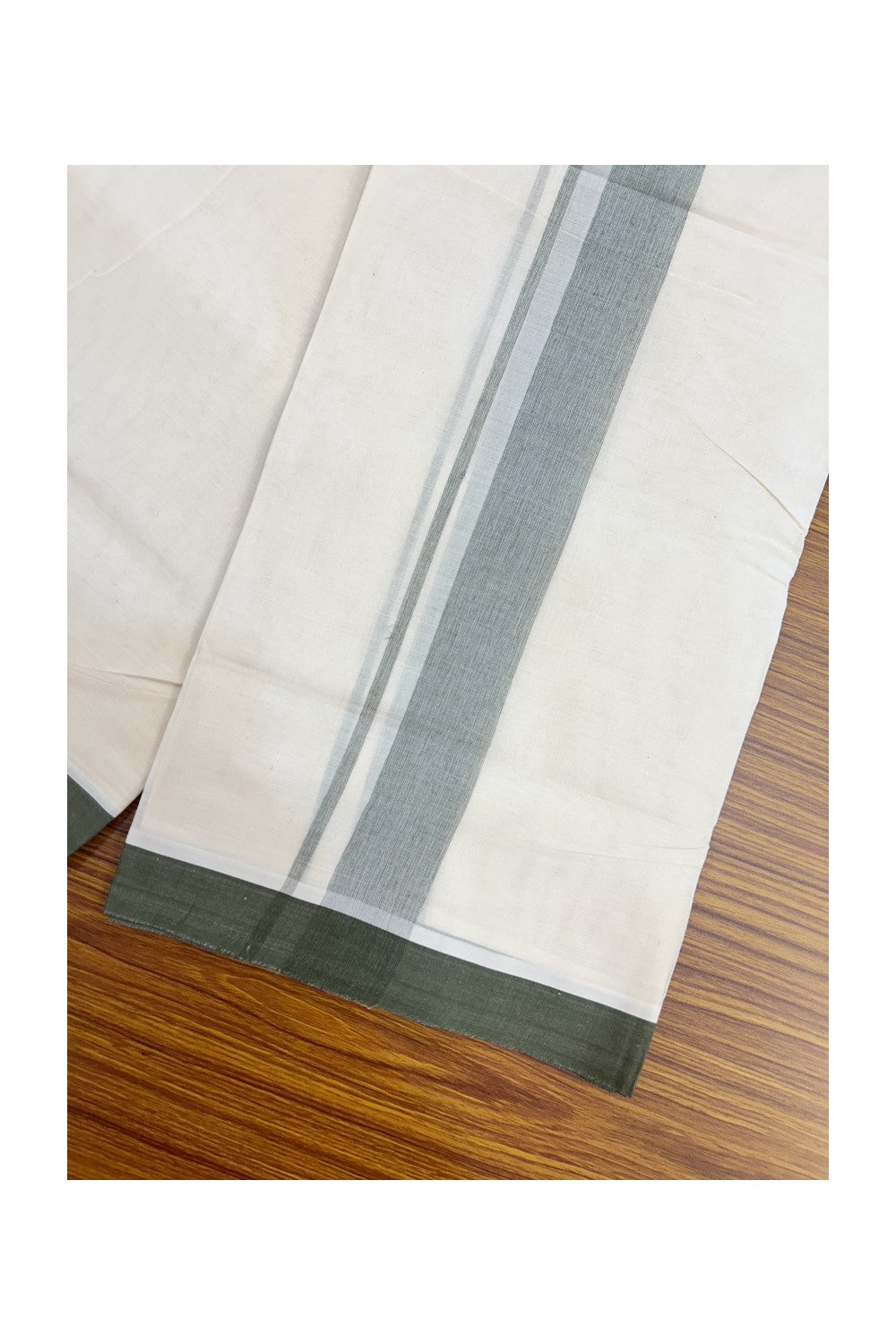 20% Discount ! Kaitharikada Balaramapuram 100% Cotton Double Off white (Unbleached) Mundu/Dhoti - 100x80 - 1.5 inch Dark Olive green shaded Kara - 5KK5186CKS