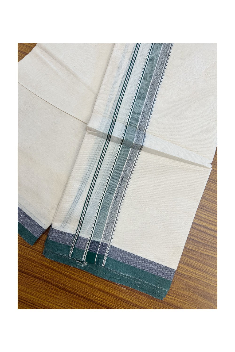 Panchakacham Dhoti - 20% DISCOUNT! KaithariKada Cotton OFF White - 100x80 thread- NORTH INDIAN ATTACHED GAMCHA - 9X5 Dhoti - 1.5 inch Silver Kasavu Shaded Dark Green & Violet Stripes Kara - 5KK5189PMC