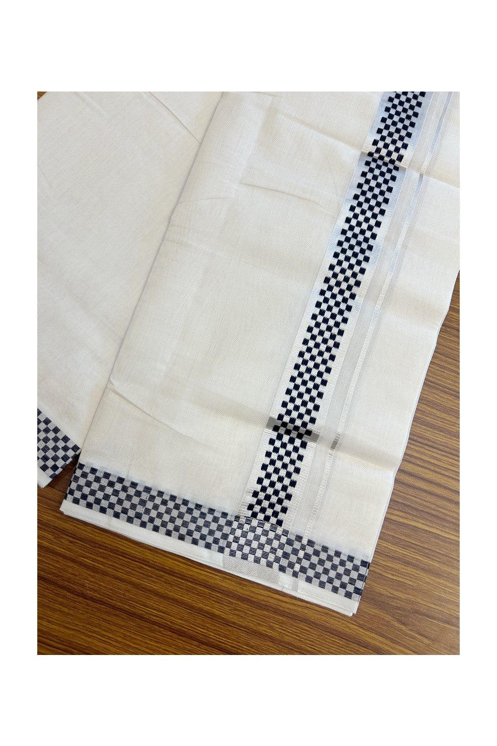 25% DISCOUNT ! KaithariKada HANDLOOM Unakkupaav Balaramapuram - 100% PURE Cotton Off White - (Unbleached) Double Mundu/Dhoti - 1.75 inch Silver Kasavu & Navy Blue Jacquard Square Design Kara - 5KK5190ABH