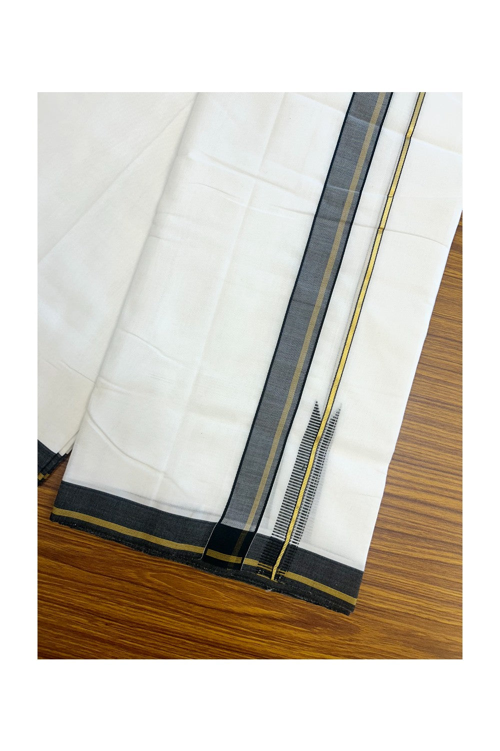 25% Discount!! NEW ULTRA PURE WHITE HANDLOOM Balaramapuram - 100% Mercerised Cotton Double Mundu/Dhoti - 120(Twisted) x 80 - 0.5 inch Black Kasav & Sand Brown Puliyilakkara Chutty - 5KK5195REA