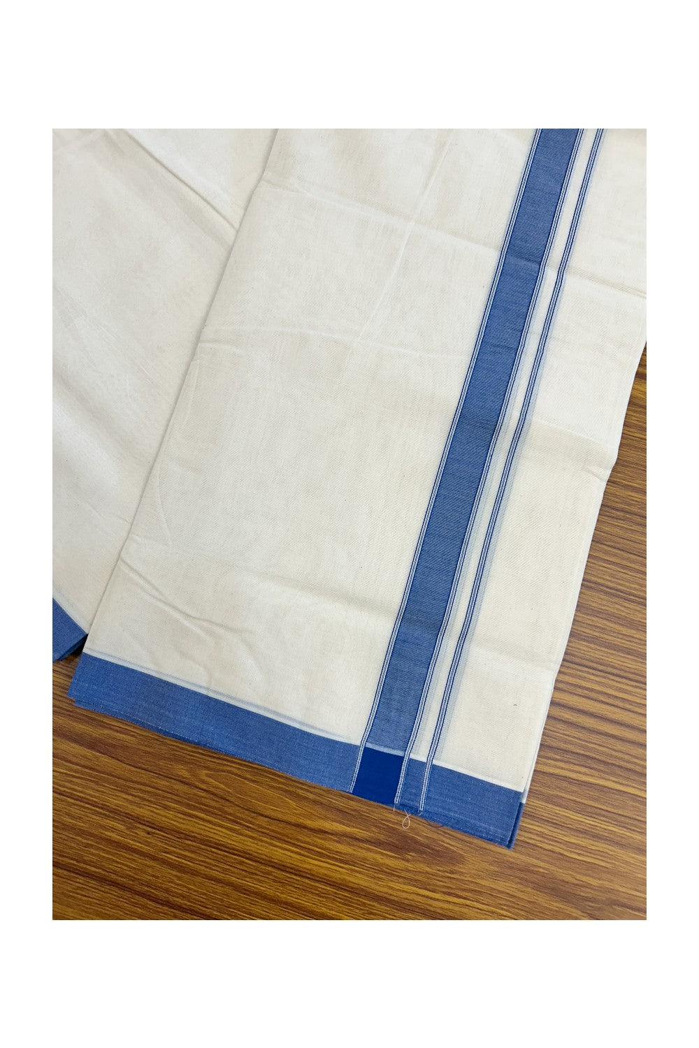20% DISCOUNT ! KaithariKada 100% Cotton OFF WHITE (Unbleached) Double Dhoti/Mundu- 1.25 inch Blue Striped Kara 4.50 Meters (10 Muzham) - 5KK5203ASH