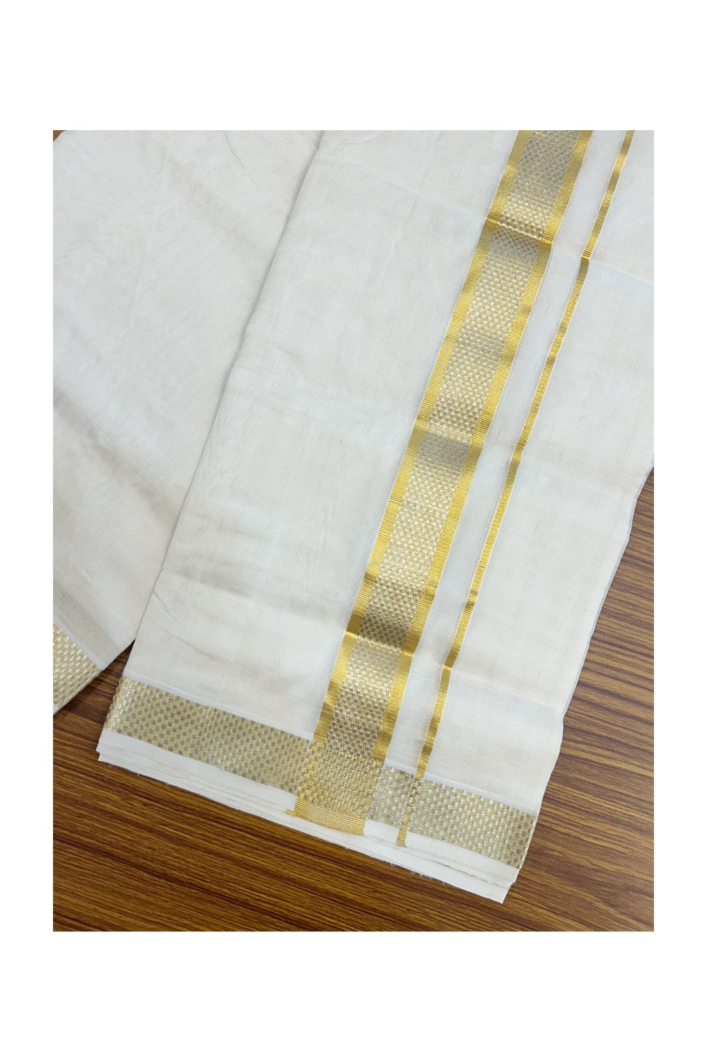 HANDLOOM Pure SILK Dhoti NEW! 25% DISCOUNT from Kaitharikada.com - BALARAMAPURAM Handloom Unakkupaav - OFF WHITE - Double Mundu/Dhoti - 100x100 - Pure cotton + Silk - 1.75 inch Gold Kasavu Designer Kara - 5KK5206 ABH