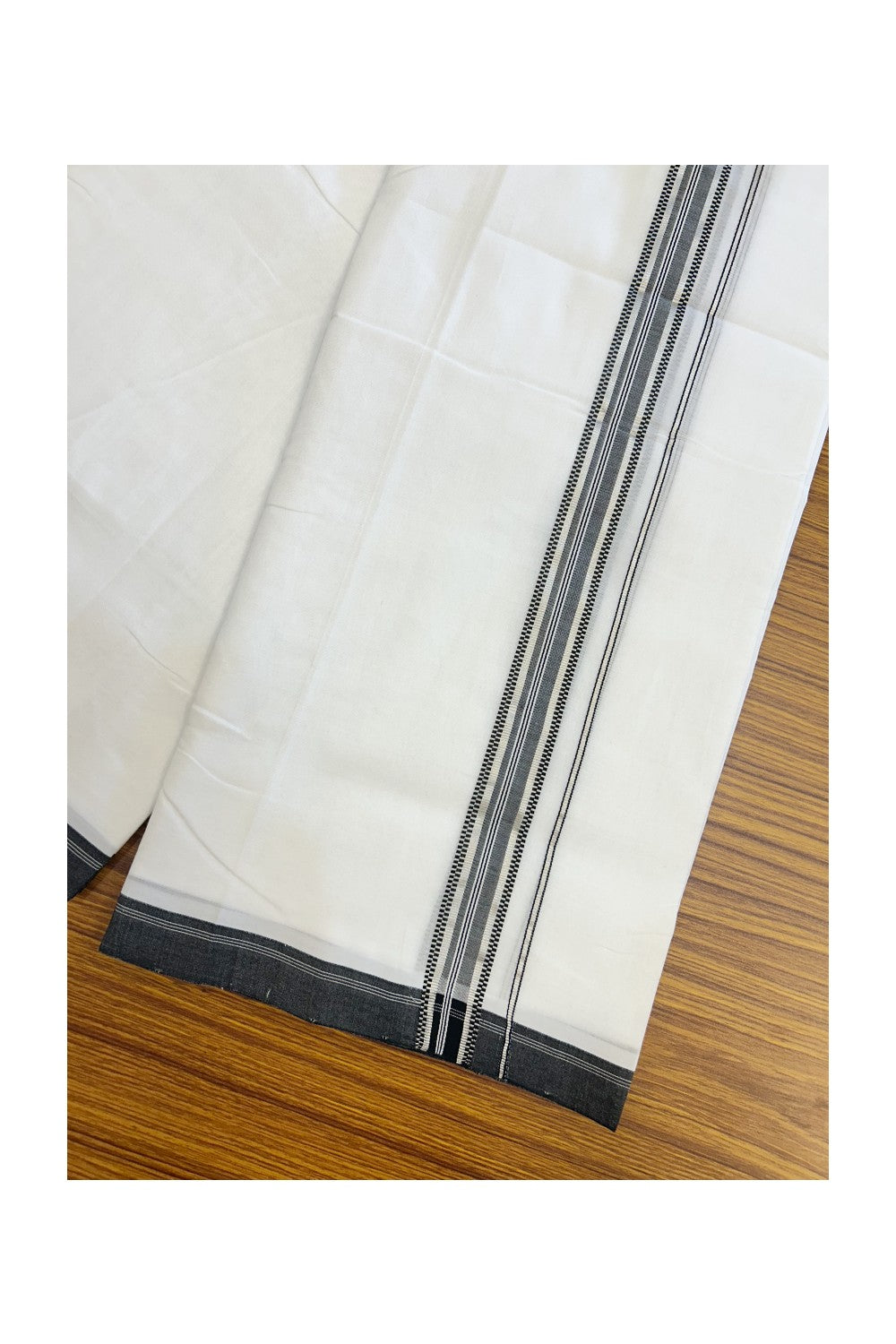 25% Discount!! NEW ULTRA PURE WHITE HANDLOOM Balaramapuram - 100% Mercerised Cotton Double Mundu/Dhoti - 120 twisted warp x 80s weft - 1 inch Silver Kasavu & Black Striped Design Kara- 5KK5209 REA