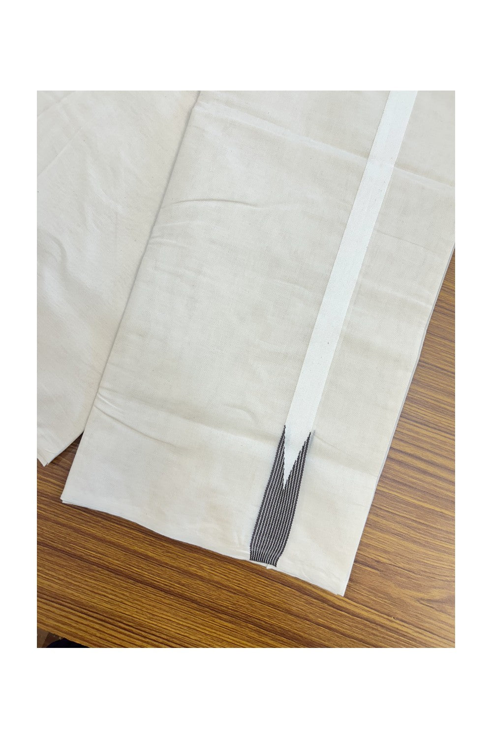20% DISCOUNT ! KaithariKada Balaramapuram 100% COTTON Double OFF WHITE (Unbleached) Mundu/Dhoti- 100x100 - 1 inch Puliyilakkara Brown Striped Chutty Kara - 5KK5211ASH
