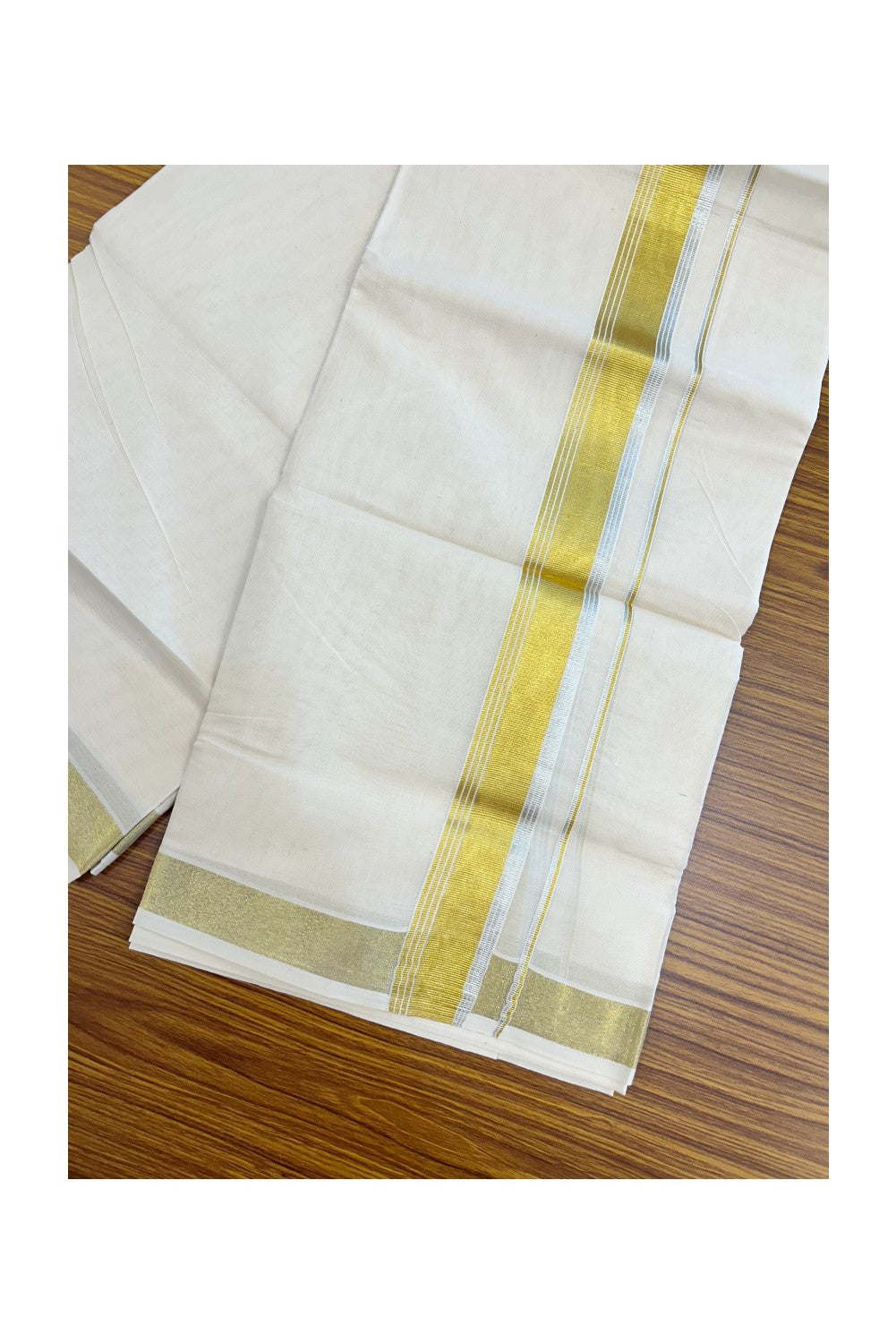 20% DISCOUNT ! KaithariKada Balaramapuram - 100% PURE Cotton Off White - (Unbleached) Double Mundu/Dhoti - 100X80 - 1.5 inch Gold Kasavu & Silver Kasavu Striped Kara - 5KK5212 VIN