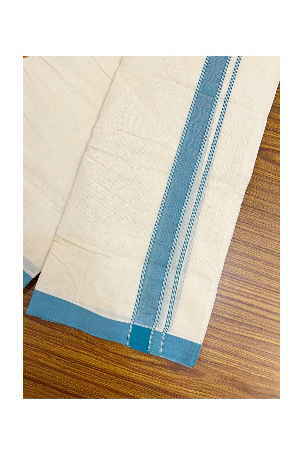 NEW !! 20% DISCOUNT!! KaithariKada Balaramapuram 100% Cotton Double Off white - (Unbleached) Mundu/Dhoti-100x80 - 1.25 inch Light Peacock Blue Shaded Striped KARA - 3.75 mtr (8 Muzham) - 5KK5218 ASH