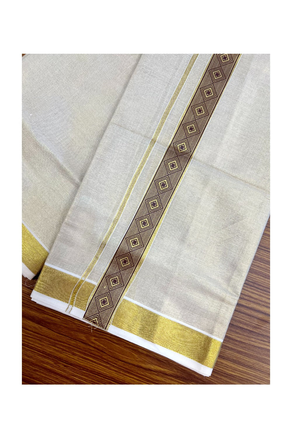 22% DISCOUNT!! KaithariKada Balaramapuram Double OFF WHITE Mundu/Dhoti - 80x72 - Tissue Body with 1.5 Inch Brown & Gold Kasav Printed Design Kara - 5KK5219 GAN