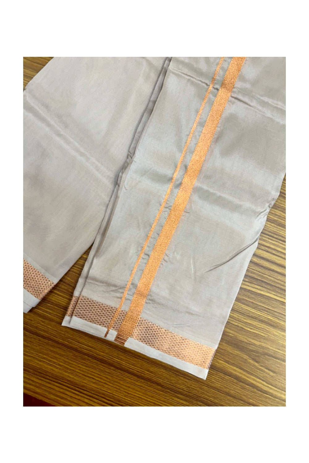 12% Discount!! KaithariKada Balaramapuram 100% Silk Double Mundu/Dhoti - Light Brown Colour Body - 0.5 inch Copper Kasavu Kara 3.60 mtr (8 muzham) - 5KK5222 GAN