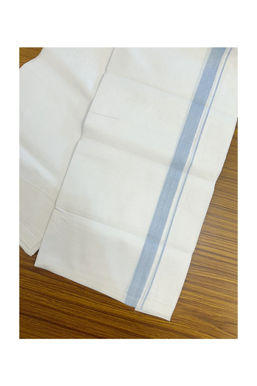 20% DISCOUNT ! KaithariKada Balaramapuram 100% COTTON SINGLE PURE WHITE Mundu/Dhoti-Twisted 100s Thread- 1.5 inch Shaded Sky Blue Kara (2 metre / 4 muzham) - 4KK5224 ASH