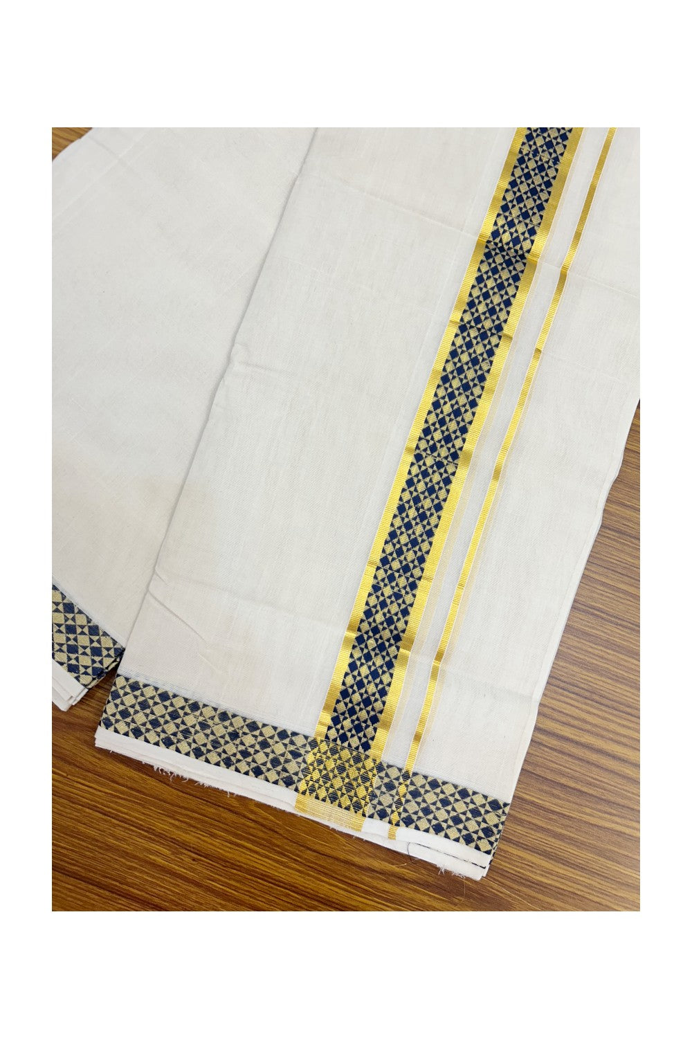 25% DISCOUNT ! KaithariKada HANDLOOM Unakkupaav Balaramapuram - 100% PURE Cotton OFF WHITE - (Unbleached) Double Mundu/Dhoti - 80x90 - 1.75 inch Gold Kasavu & Navy blue Jacquard Design Kara 4 mtr (8.5 Muzham) - 4KK5231 ABH