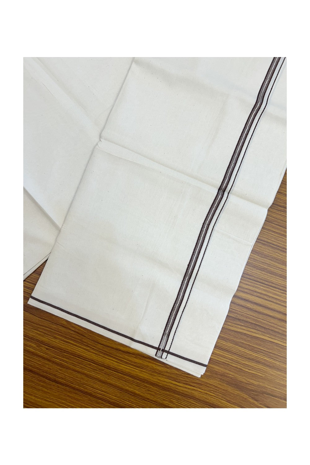24% Discount !! KaithariKada Balaramapuram 100% Cotton OFF WHITE (Unbleached) Single Mundu/Dhoti - Twisted 60s Thread - 1 cm Silver Kasavu Brown Thin Kara (2 meter / 4 muzham) - 3KK5236 GL