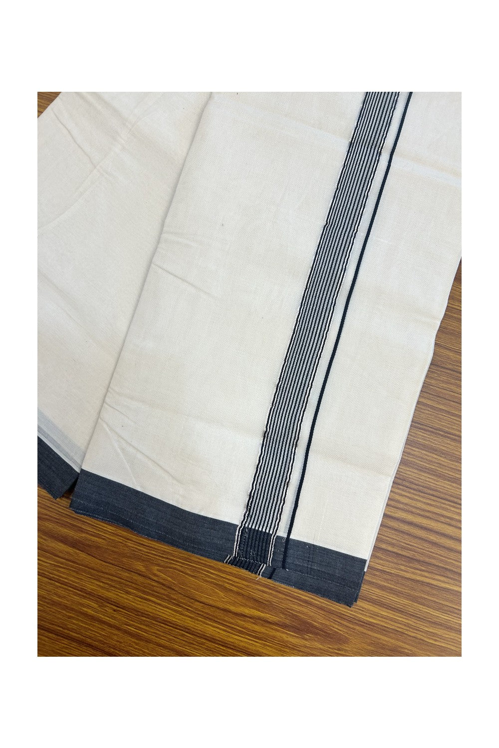 20% Discount KaithariKada Balaramapuram 100% Cotton Double Off white - (Unbleached) - Mundu/Dhoti - 100x100 - 1 inch Silver Kasav & Black Striped Kara - 4mtr (8.5 muzham)- 6KK5238 ASH