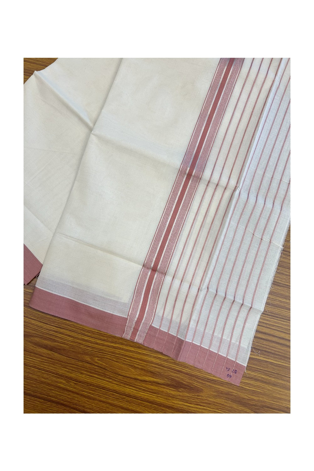 20% Discount !! KaithariKada Balaramapuram Double OFF WHITE (Unbleached) Mundu/Dhoti - 100x80 - 8 inch Dusty Rose & Silver Striped kara 4 mtr (8.5 muzham) - 5KK5243 PMC