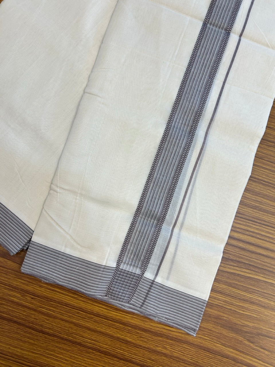 25% DISCOUNT!! KaithariKada HANDLOOM UNAKKUPAAV Balaramapuram - 100% PURE Cotton OFF White - (Unbleached) Double Mundu/Dothi - 100 x 80 - 1.5 inch Violet Vague Green Strip Kara 3.85 meter (8.5 mulam) - 5 KK5249 REA