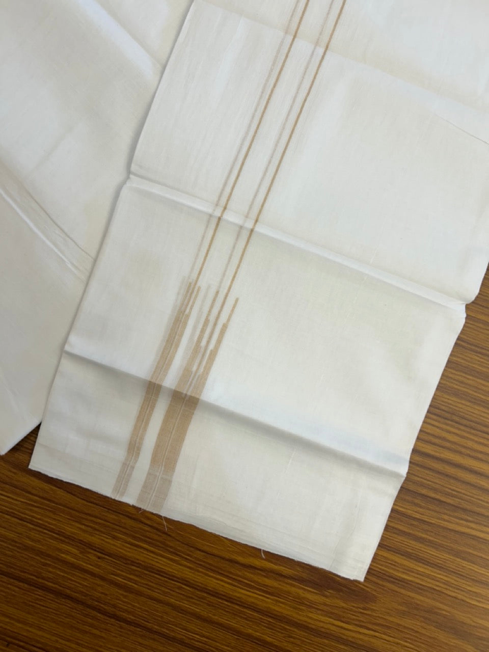 20% DISCOUNT!! NEW!! KaithariKada Balaramapuram 100% Cotton PURE WHITE Double Mundu/Dhoti - (100x80)s - 0.75 inch Sand Brown Line chutty - 5 KK5249 VIN
