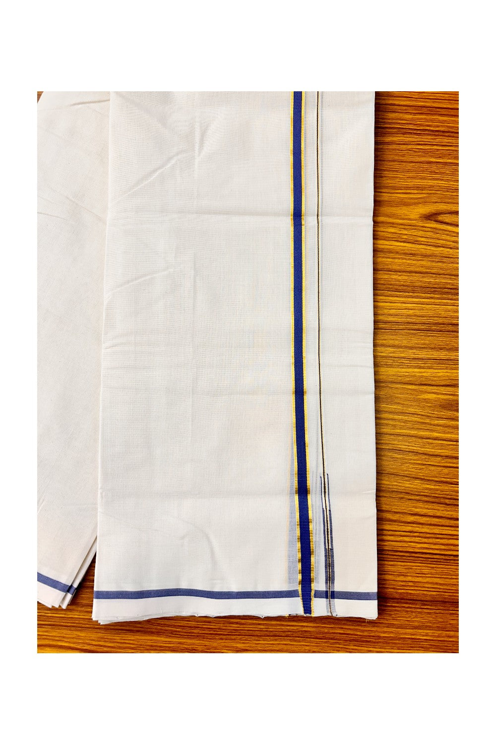 25% DISCOUNT! KaithariKada BALARAMAPURAM HANDLOOM Millpaav- 100% PURE Cotton 100x100 Double Mundu/Dhoti OFF WHITE (Unbleached) - PULIYILAKKARA Navy Blue & Kasavu 0.5 inch KARA-5RAM