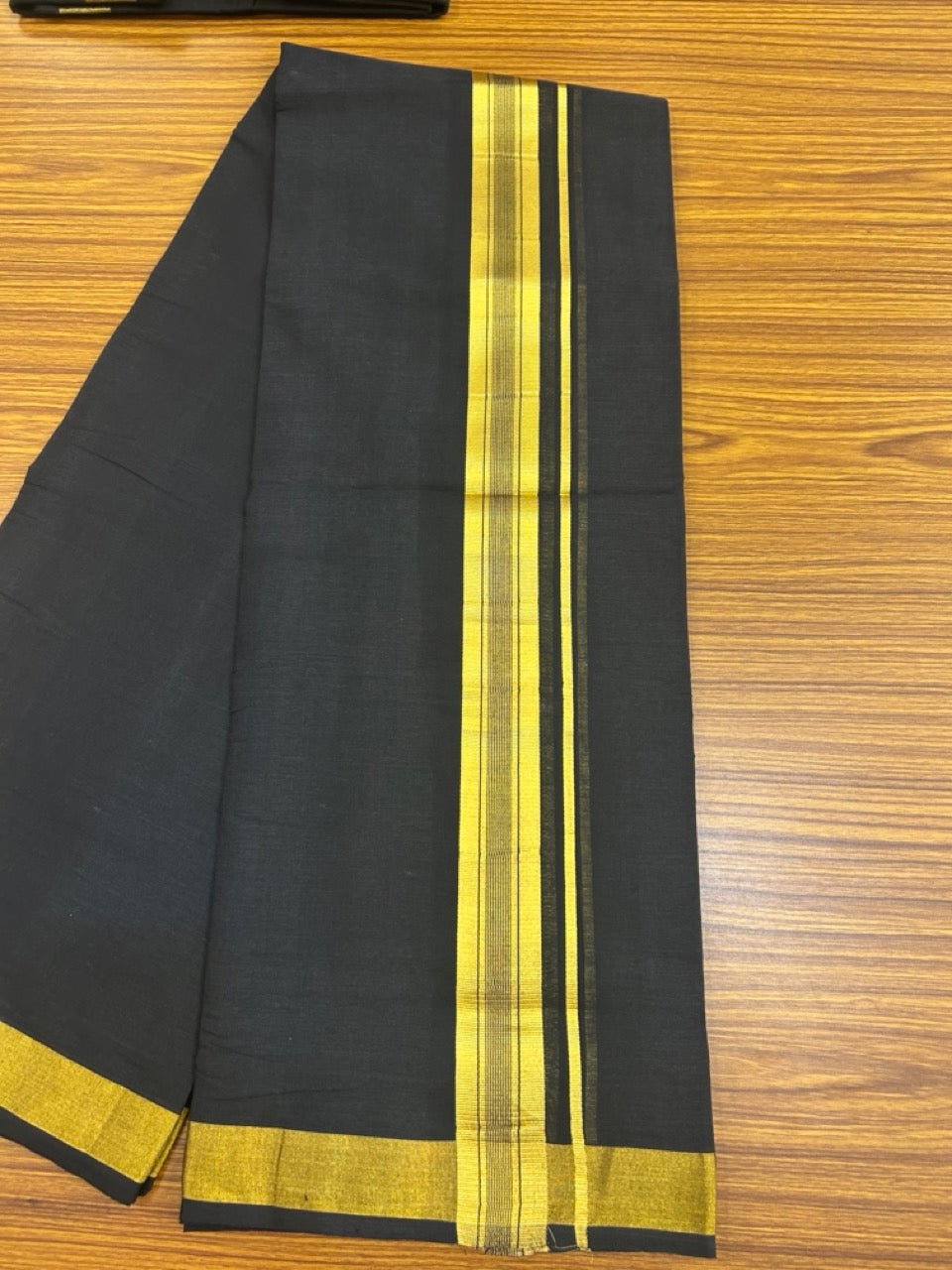 25% Discount! KaithariKada Handloom Unakkupaav Balaramapuram - Pure Cotton Double Mundu/Dhoti (Unbleached) - 80x90s - Black Colour Body - 1.5 inch Gold Kasavu Striped Kara - 92 KK5256 RAM