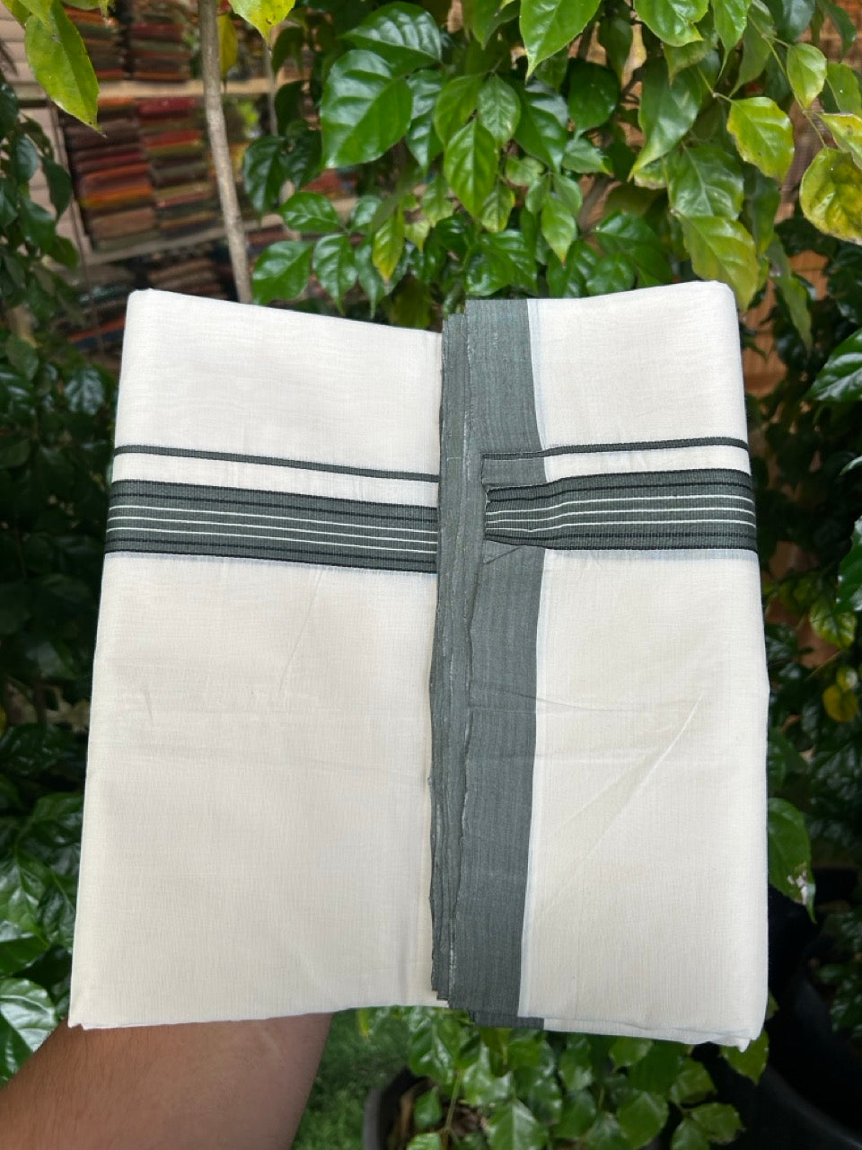 25% DISCOUNT!! KaithariKada HANDLOOM UNAKKUPAAV Balaramapuram - 100% PURE Cotton OFF White Double - (Unbleached)- Mundu/Dothi - Ash Green Black White Kara 4.5 Meters (10 Muzham) - 50 KK5249 REA